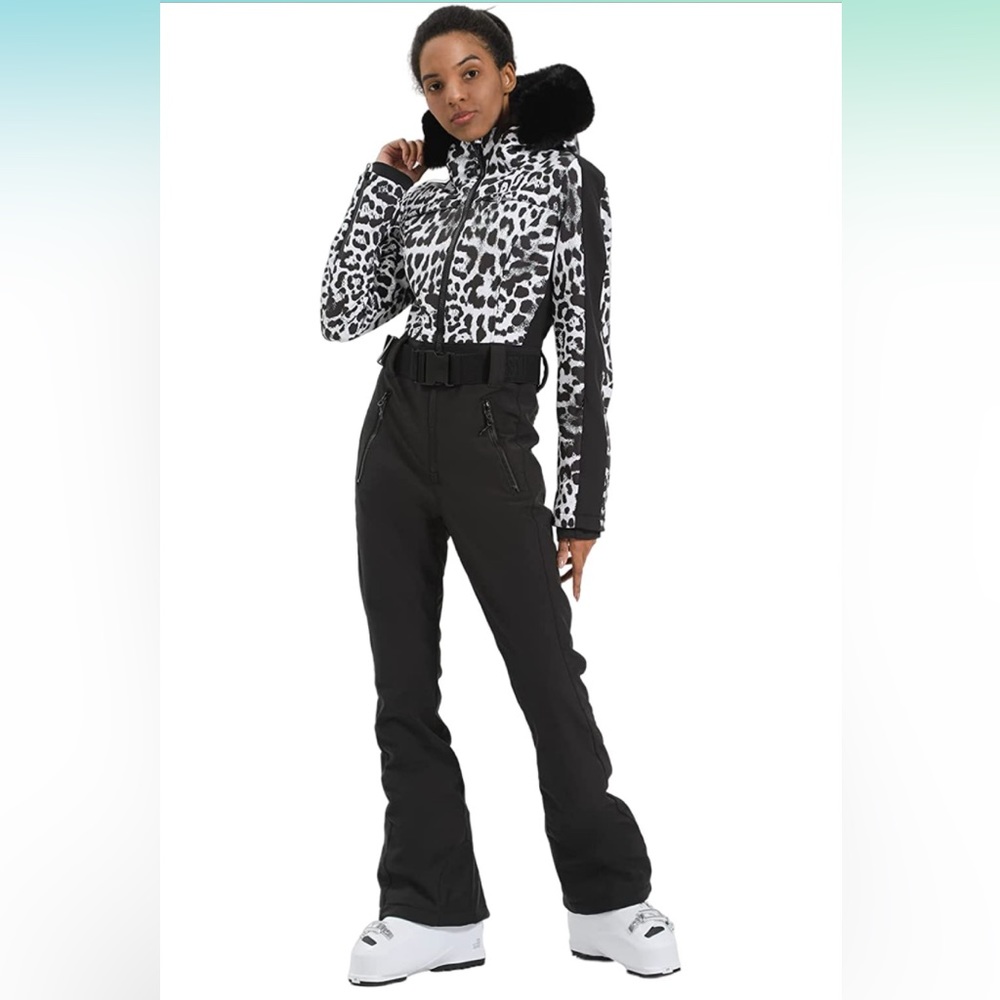GSOU ski snow suit- one piece- animal print top with black bottom- NWT